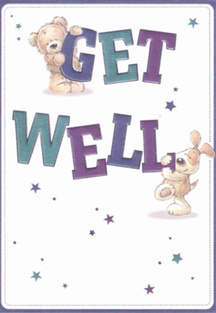This enchanting get well card captures a scene of encouragement and innocence, rich with detail evocative of Berkhamsted's close-knit warmth. At its heart, a sweet teddy bear and a friendly, floppy-eared dog are rendered with charming simplicity; their round, expressive faces and soft, shaded textures communicate empathy as effectively as any bouquet of fresh daisies hand-delivered to a local home. The typography-bold, rounded, and shaded in harmonious violets and aquas-anchors the playful composition, suggesting both strength and reassurance. Stars, like flickers of hope, are scattered across a creamy, luminous background, creating a sense of celebration for each heartfelt gesture of care. The bear's fur looks plush enough to touch, the puppy's velvety ears almost inviting a gentle pat-a tactile connection that echoes the embrace of comfort flowers frequently bring. Reflecting the atmosphere of Berkhamsted's daily life, from the morning bustle of the market to the quiet retreats along Castle Street, this card embodies the gentle encouragement and cheer typically found in local gestures of support. It's perfect for lifting spirits and brightening recoveries, much like a thoughtfully arranged bouquet sent with love from a neighbour.